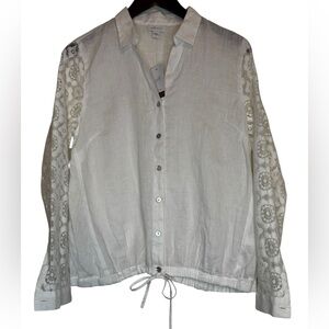 J. Jill White Button-Front Linen Top with Lace Sleeves NWT